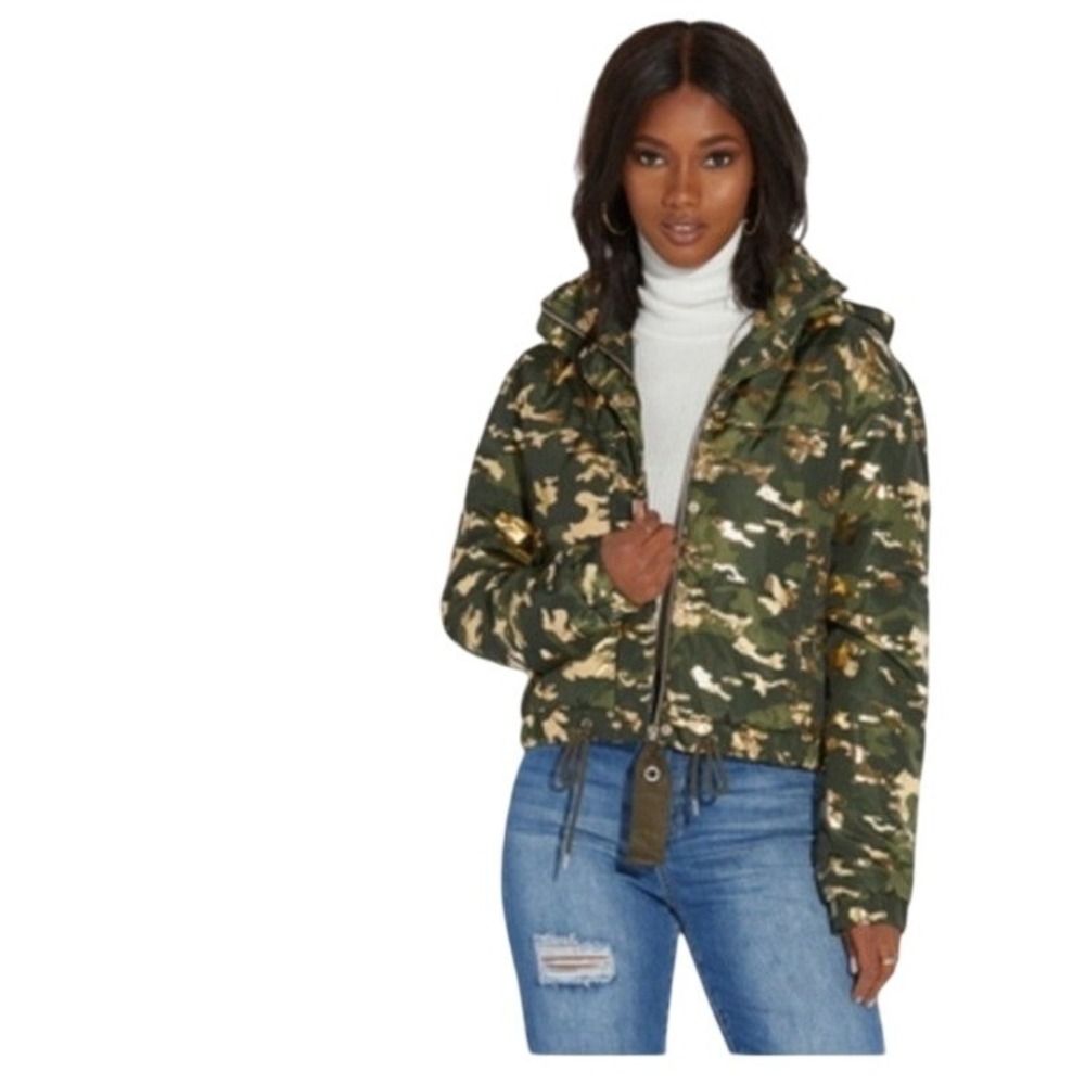 Ashley By 26 International Metallic Gold Camo Hooded Puffer Jacket Y2K 90s